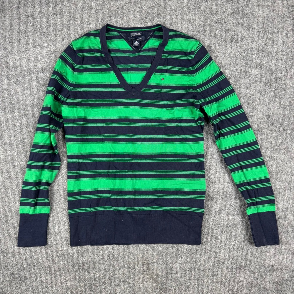 Tommy Hilfiger Sweater Womens Size M Navy Green Striped Pima Cotton Blend V-Neck
